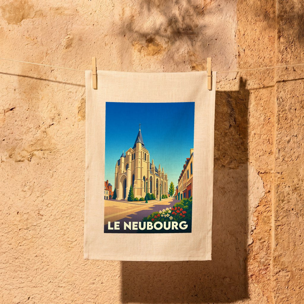 Torchon souvenir de la ville de Le Neubourg avec une illustration stylisée d'une église et de ses environs.