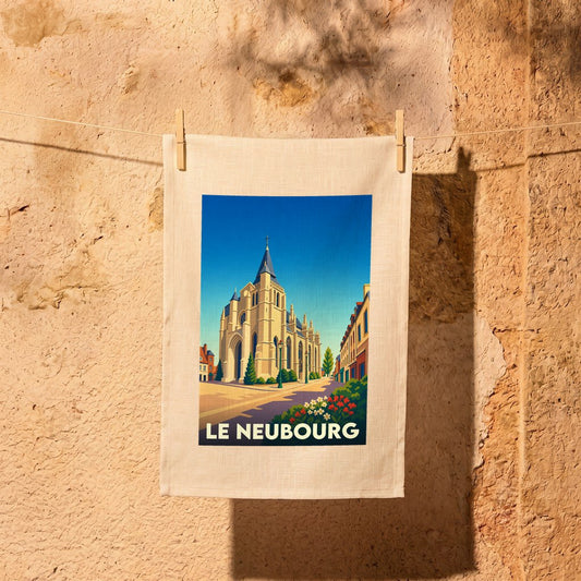 Torchon souvenir de la ville de Le Neubourg avec une illustration stylisée de son église.