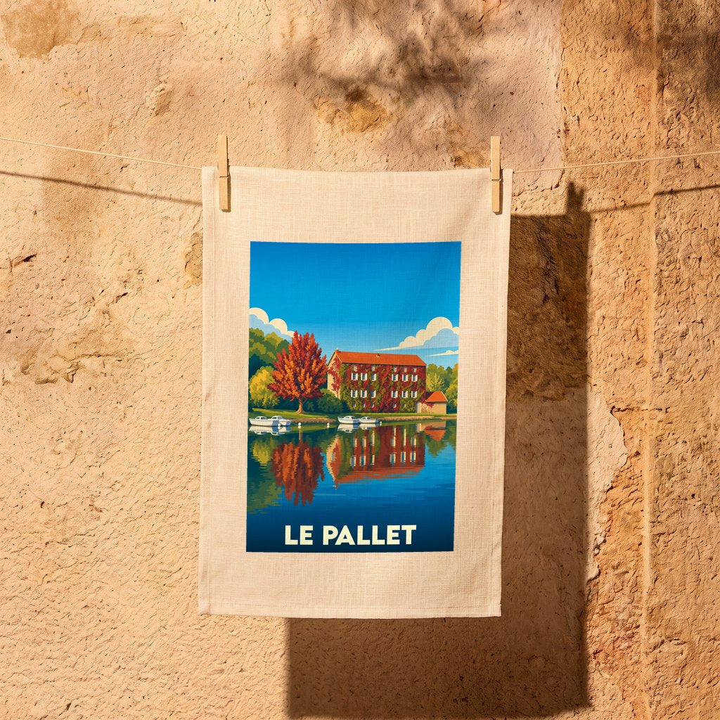 Torchon souvenir de la ville de Le Pallet orné d'une illustration stylisée de son paysage fluvial.