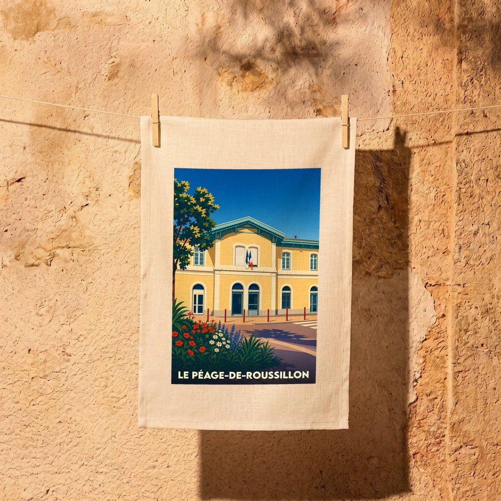 Torchon souvenir de la ville de Le Péage-de-Roussillon avec une illustration stylisée de sa gare.