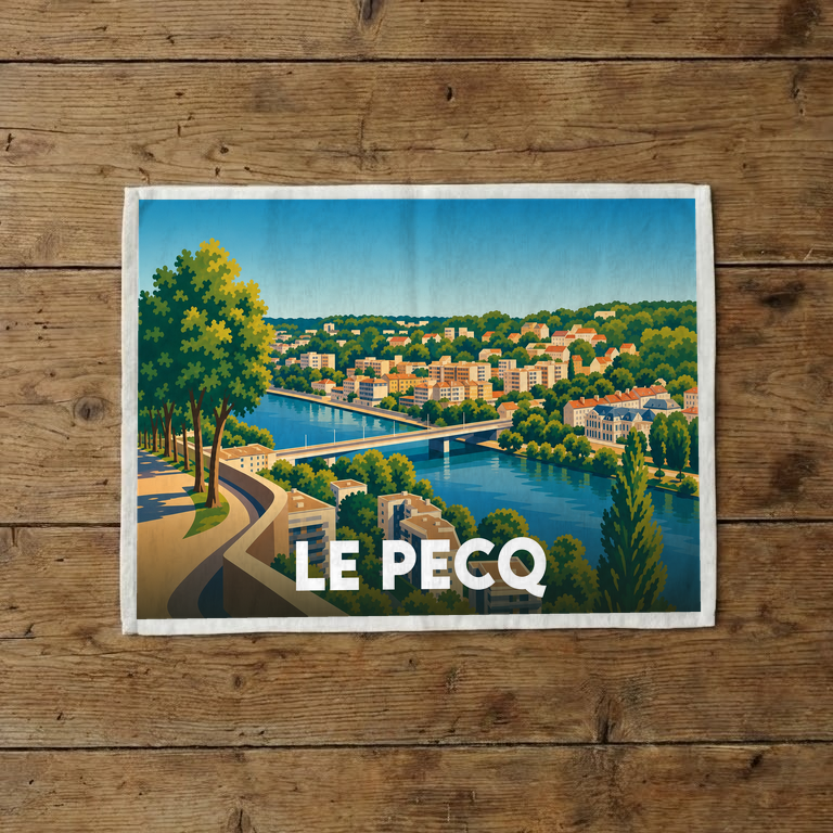 Torchon souvenir de la ville de Le Pecq avec une illustration stylisée de son paysage.