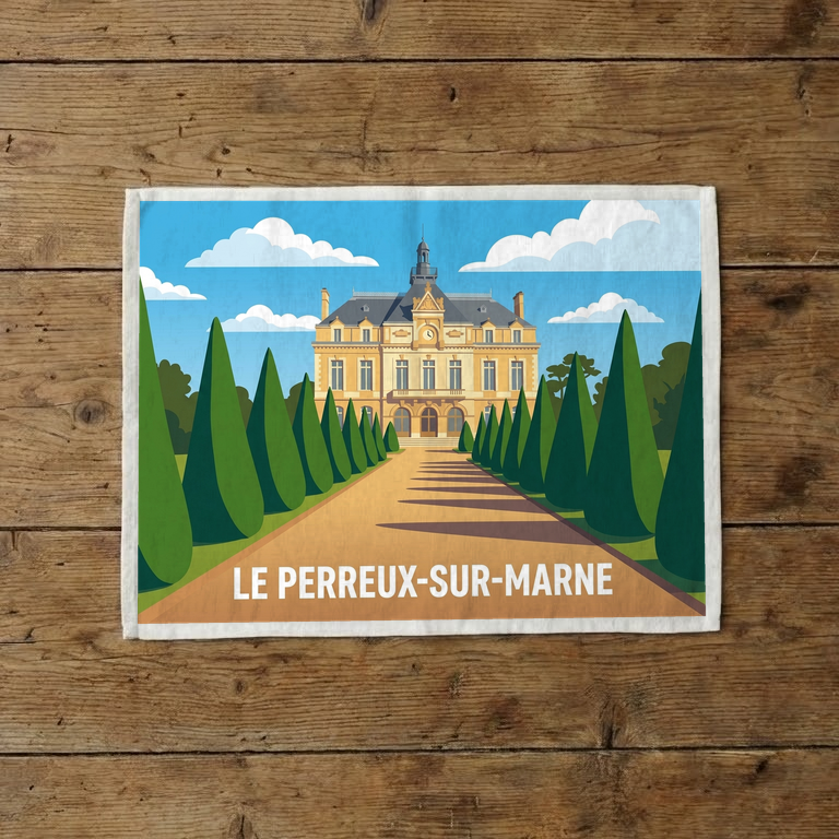Torchon souvenir de la ville de Le Perreux-sur-Marne avec une illustration stylisée.
