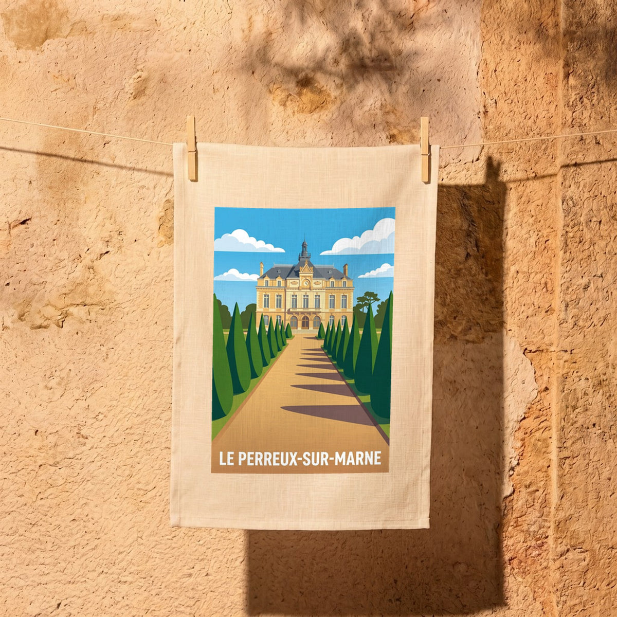 Torchon souvenir de la ville de Le Perreux-sur-Marne avec une illustration stylisée.