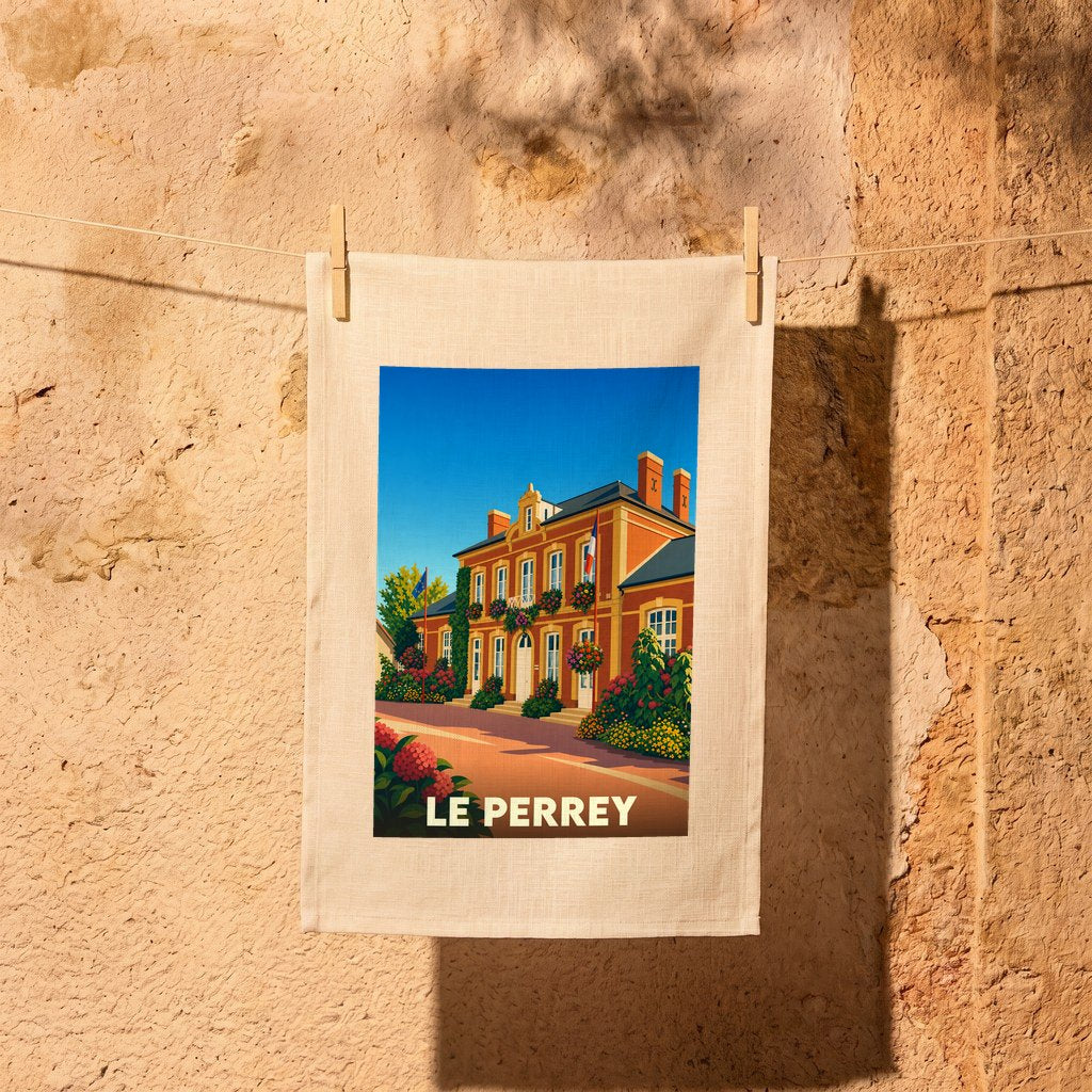Torchon souvenir de la ville de Le Perrey avec une illustration colorée et stylisée d'un bâtiment fleuri.