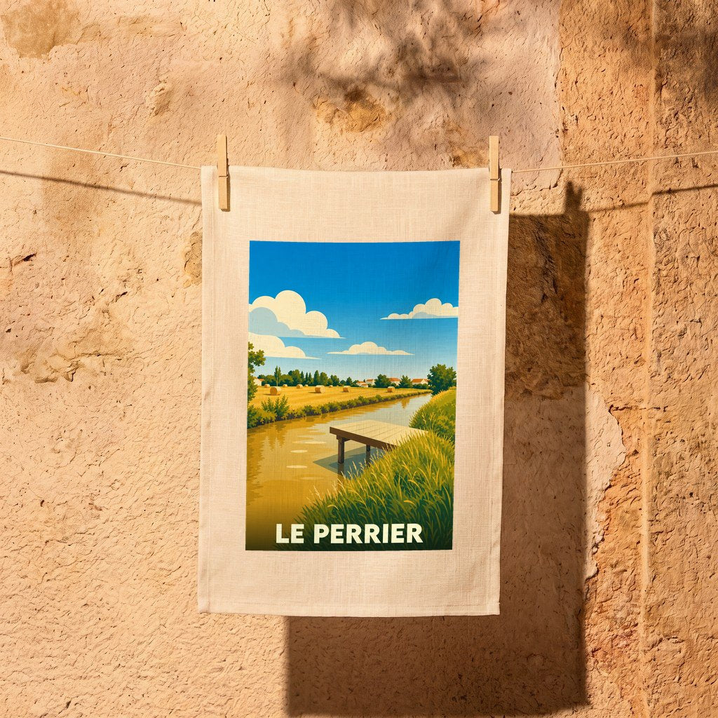 Torchon souvenir de la ville de Le Perrier avec une illustration stylisée d'un paysage de marais.