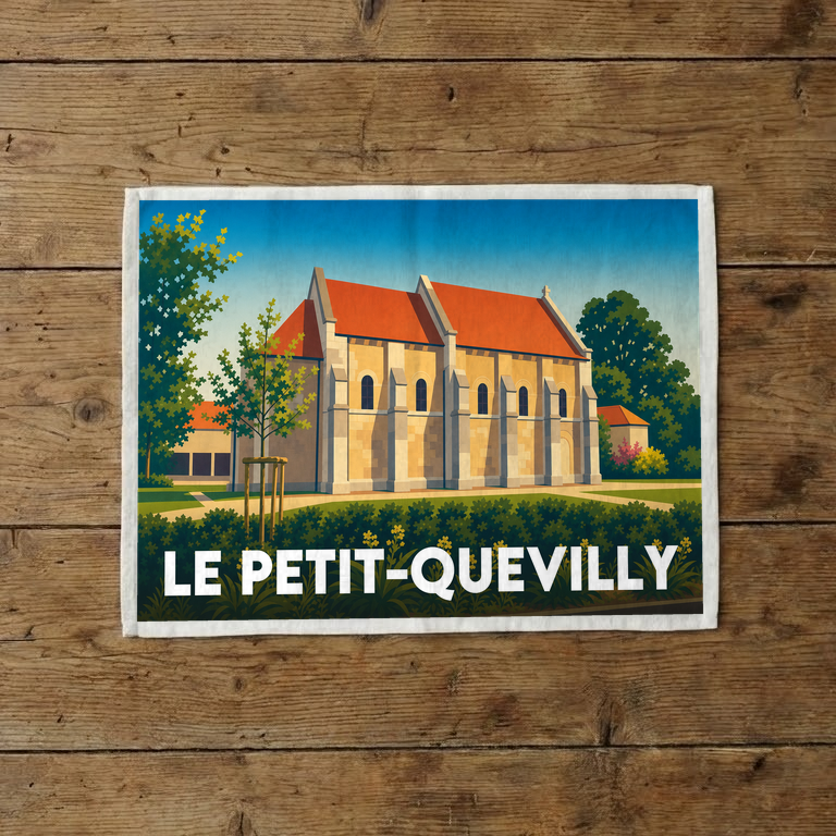 Torchon souvenir de la ville de Le Petit-Quevilly illustré d'un dessin stylisé de sa célèbre chapelle.
