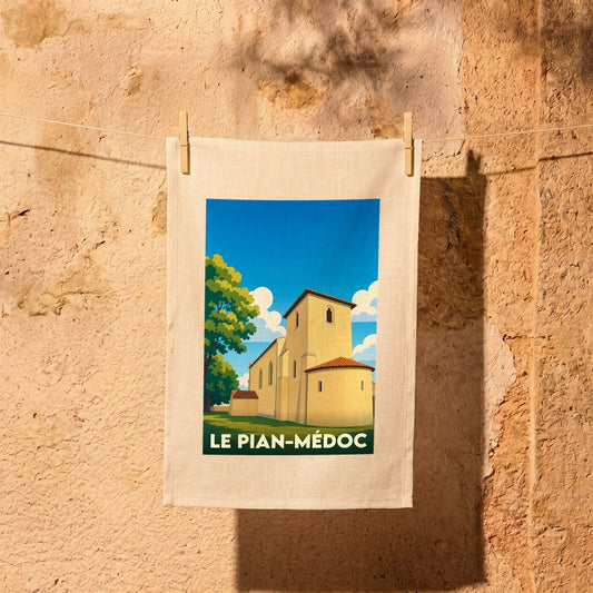 Torchon souvenir de la ville de Le Pian-Médoc avec une illustration stylisée de son église.