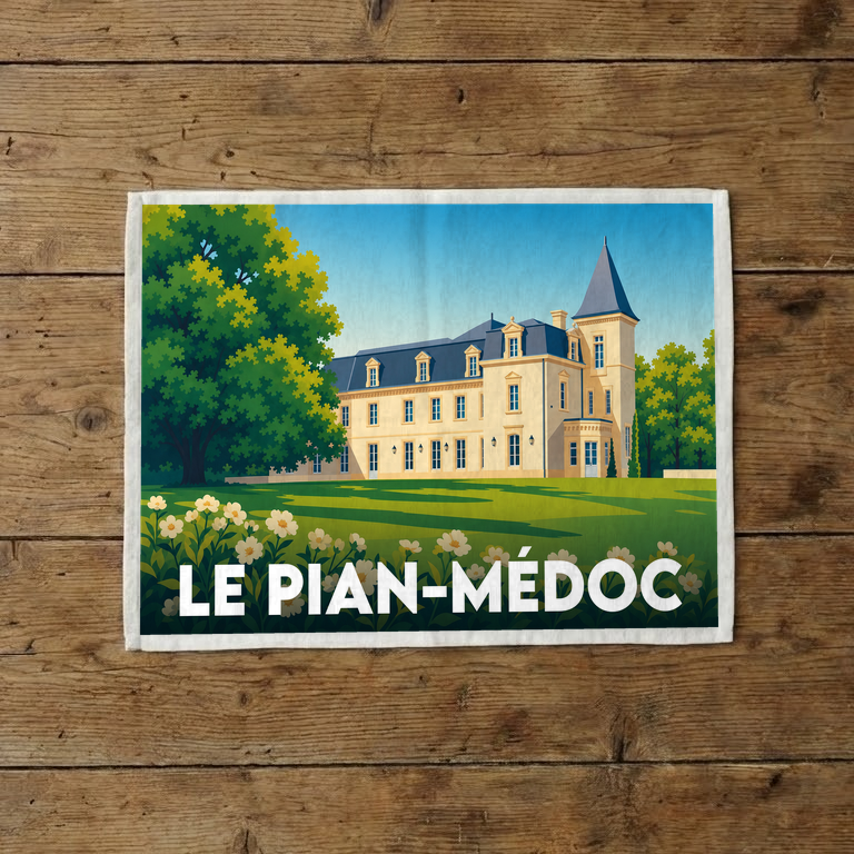 Torchon souvenir de la commune du Pian-Médoc avec une illustration stylisée d'un château entouré de verdure.
