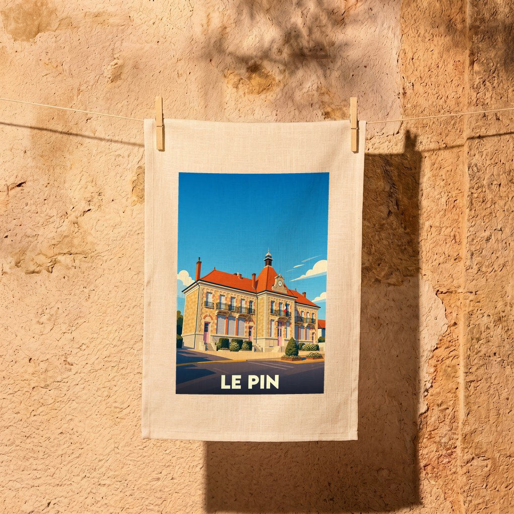 Torchon souvenir de la ville de Le Pin avec une illustration stylisée d'un bâtiment emblématique.