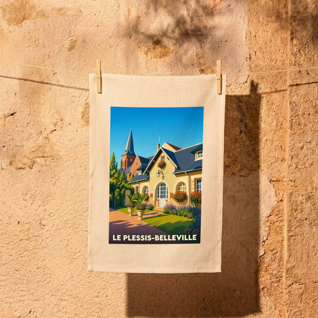 Torchon souvenir de la ville de Le Plessis-Belleville avec une illustration stylisée.