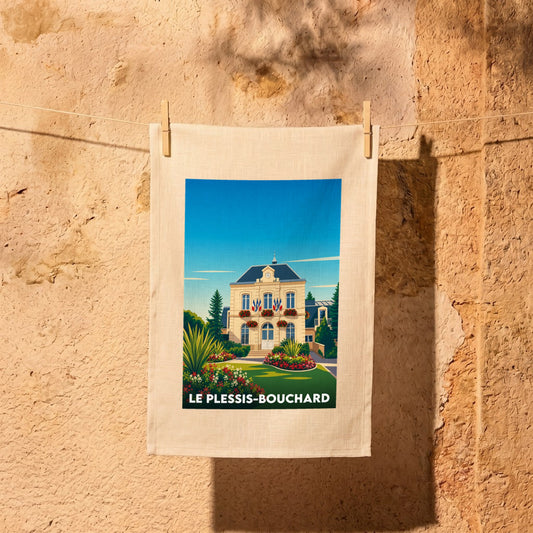 Torchon souvenir de la ville de Le Plessis-Bouchard avec une illustration stylisée de son hôtel de ville.