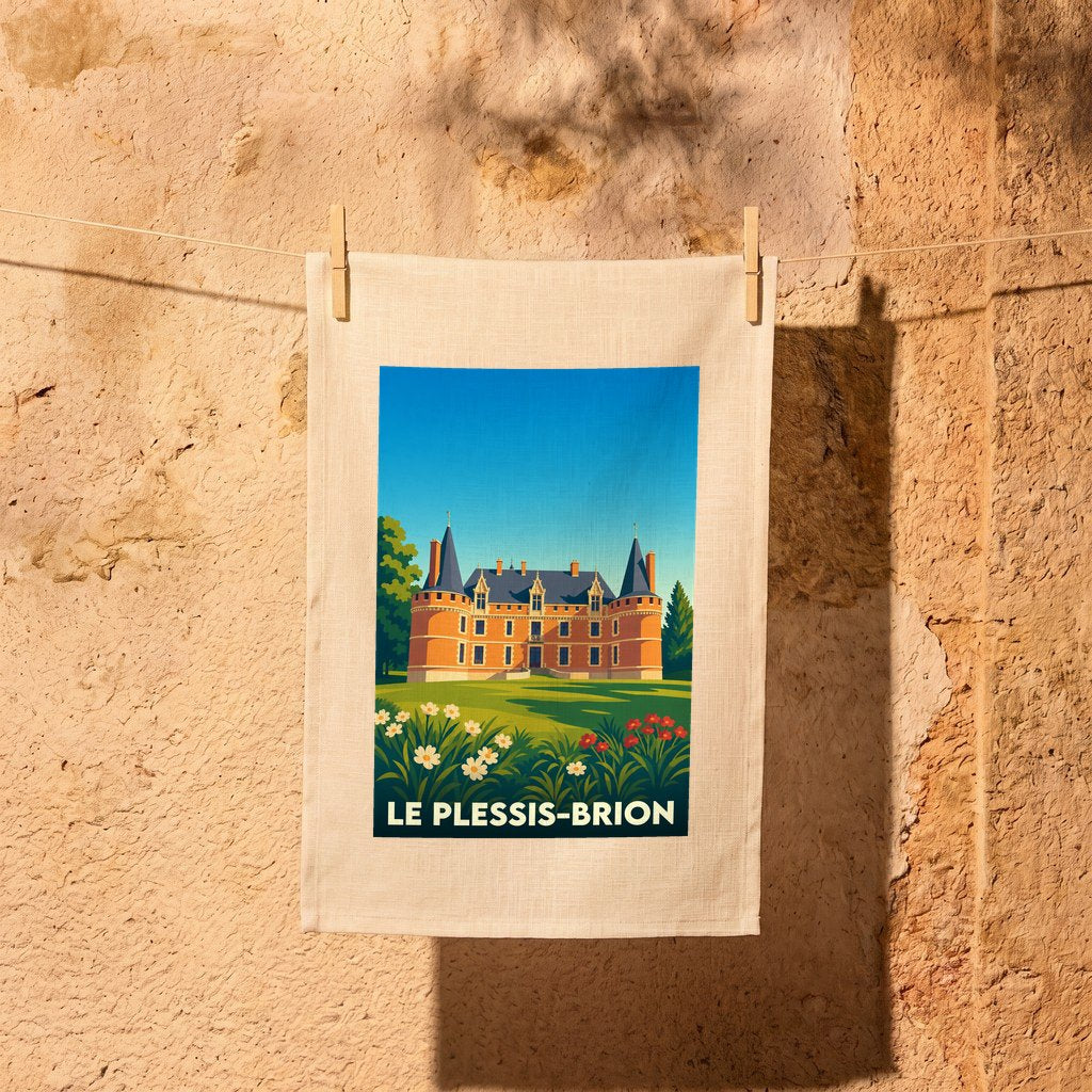 Torchon souvenir de la ville du Plessis-Brion avec une illustration stylisée de son château.
