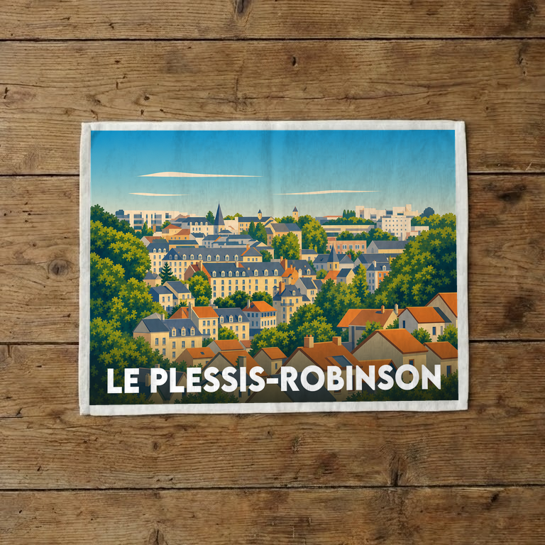 Torchon souvenir de la ville du Plessis-Robinson avec une illustration stylisée de son paysage urbain.