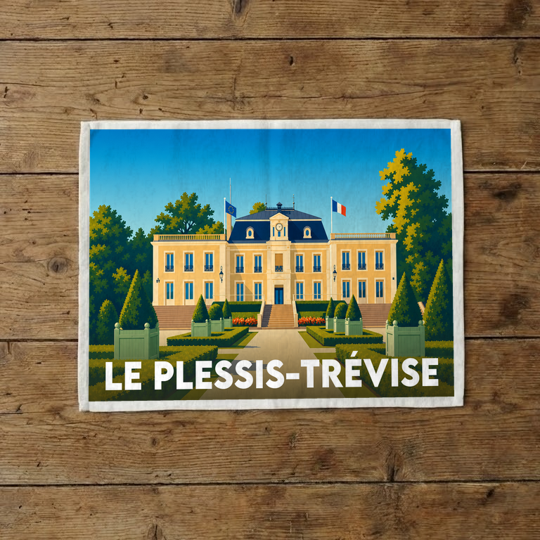 Torchon souvenir de la ville de Le Plessis-Trévise avec une illustration stylisée d'un bâtiment classique et de ses jardins.