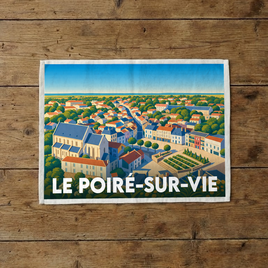 Torchon souvenir de la ville de Le Poiré-sur-Vie avec une illustration stylisée et colorée.