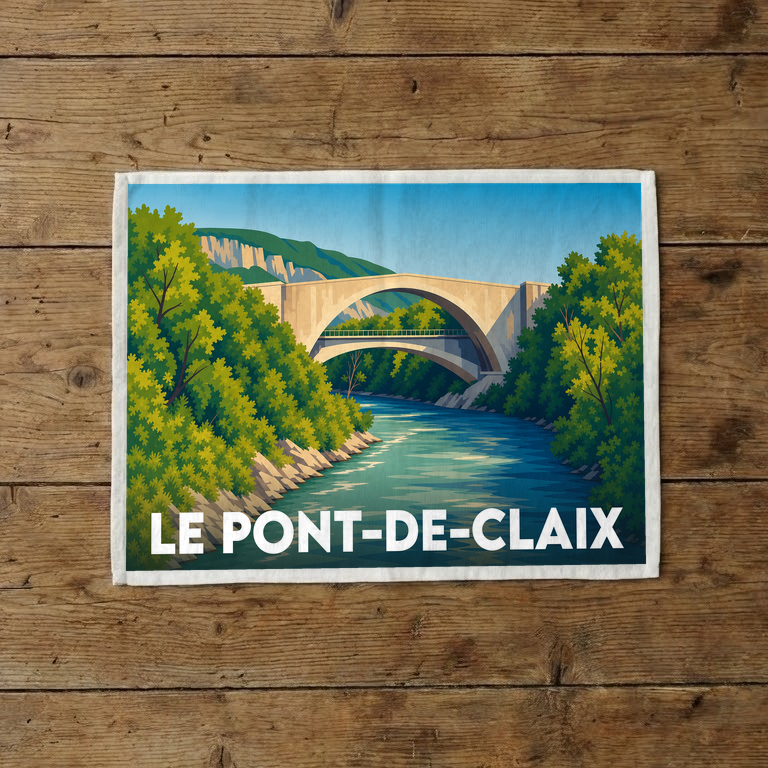 Torchon souvenir de la ville de Le Pont-de-Claix avec une illustration stylisée d'un pont en pierre surplombant une rivière.