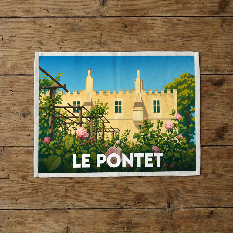 Torchon souvenir de la ville de Le Pontet avec une illustration stylisée d'un château et de roses.
