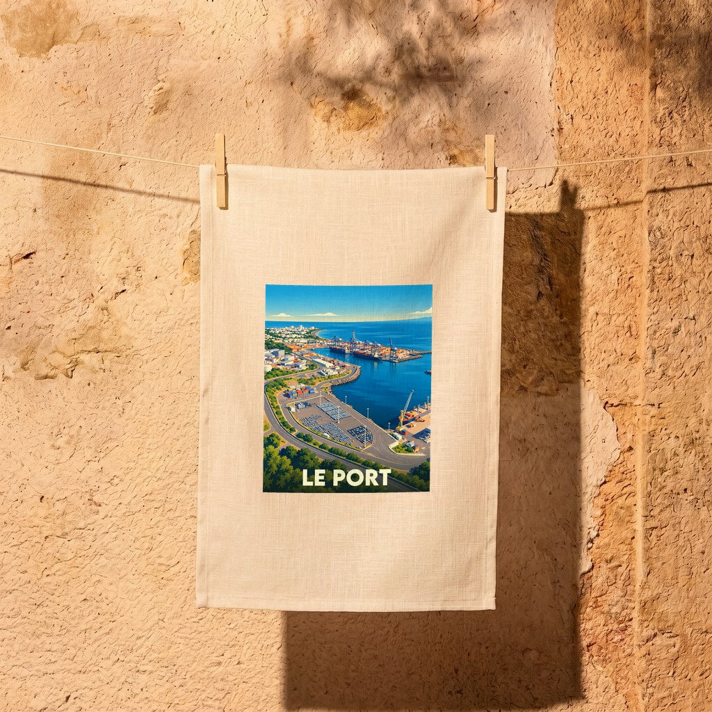 Torchon souvenir de la ville de Le Port avec une illustration stylisée de sa zone portuaire.