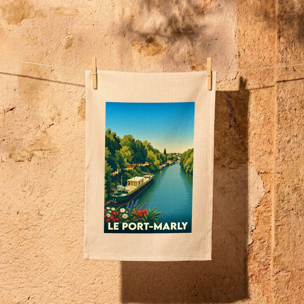 Torchon souvenir de la ville de Le Port-Marly avec une illustration stylisée d'une péniche sur la Seine.