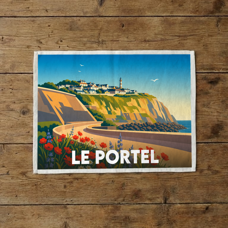 Torchon souvenir de la ville du Portel avec une illustration stylisée de son front de mer.