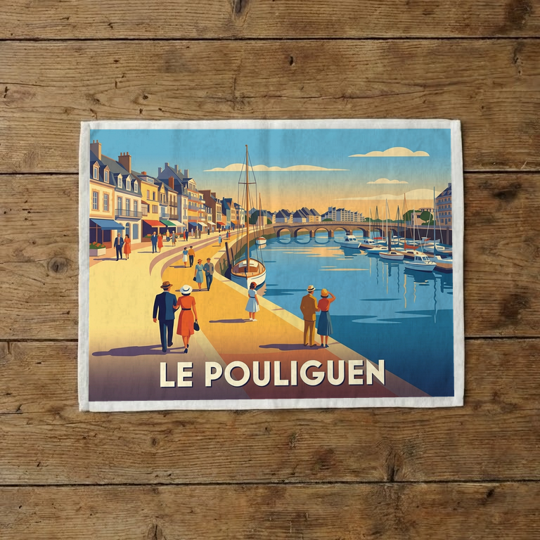 Torchon souvenir de la ville du Pouliguen avec une illustration stylisée de son port.