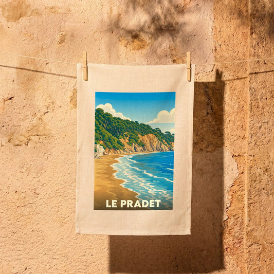 Torchon souvenir de la ville du Pradet avec une illustration stylisée de sa côte littorale.