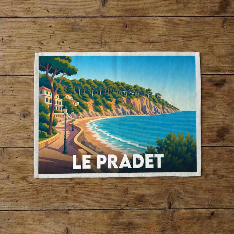 Torchon souvenir de la ville de Le Pradet avec une illustration stylisée d'une côte ensoleillée.