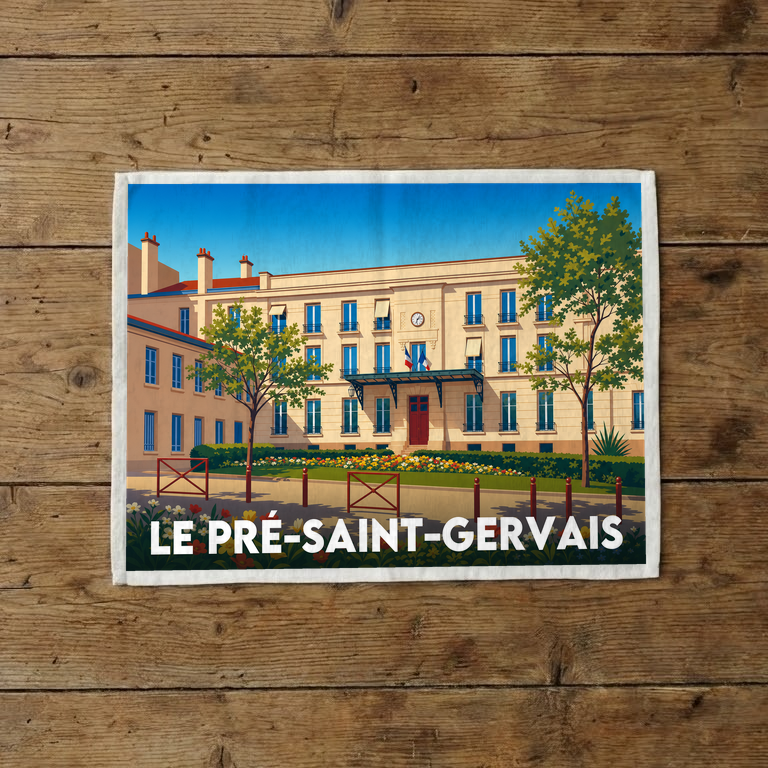 Torchon souvenir de la ville du Pré-Saint-Gervais avec une illustration stylisée.