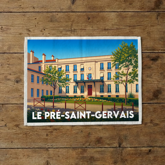 Torchon souvenir de la ville du Pré-Saint-Gervais avec une illustration stylisée.
