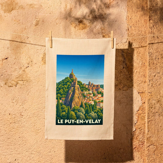 Torchon souvenir de la ville de Le Puy-en-Velay avec une illustration stylisée de ses monuments emblématiques.