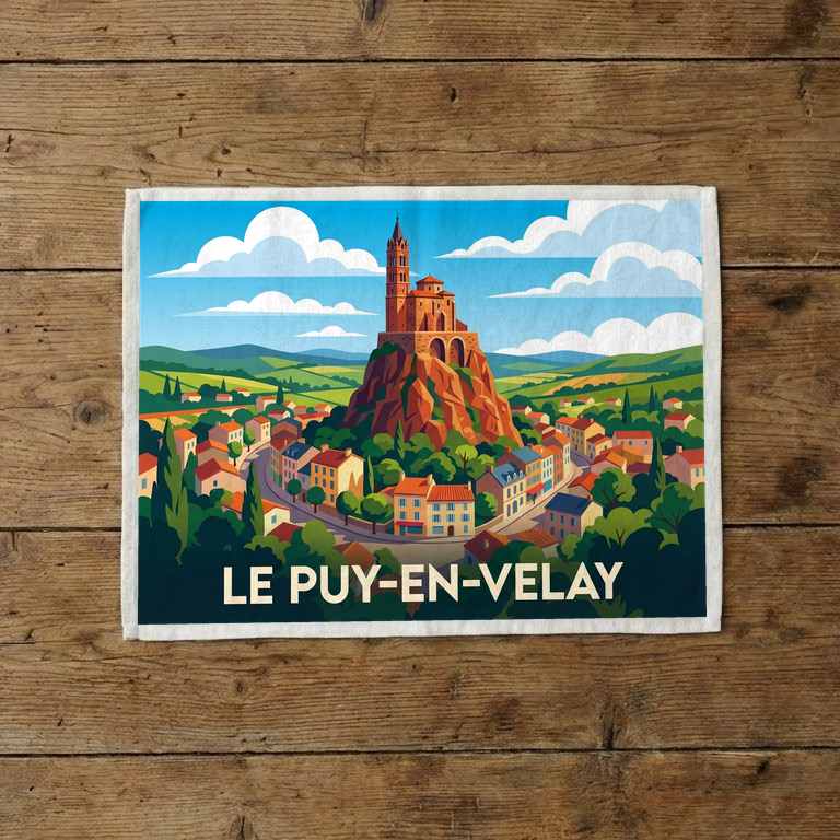 Torchon souvenir de la ville du Puy-en-Velay avec une illustration colorée et stylisée.
