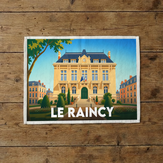 Torchon souvenir de la ville de Le Raincy avec une illustration stylisée de son hôtel de ville.