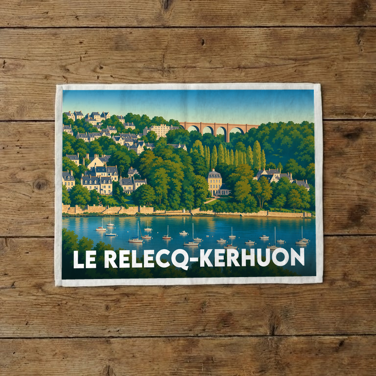 Torchon souvenir de la ville de Le Relecq-Kerhuon avec une illustration stylisée représentant ses maisons, son viaduc et des bateaux.