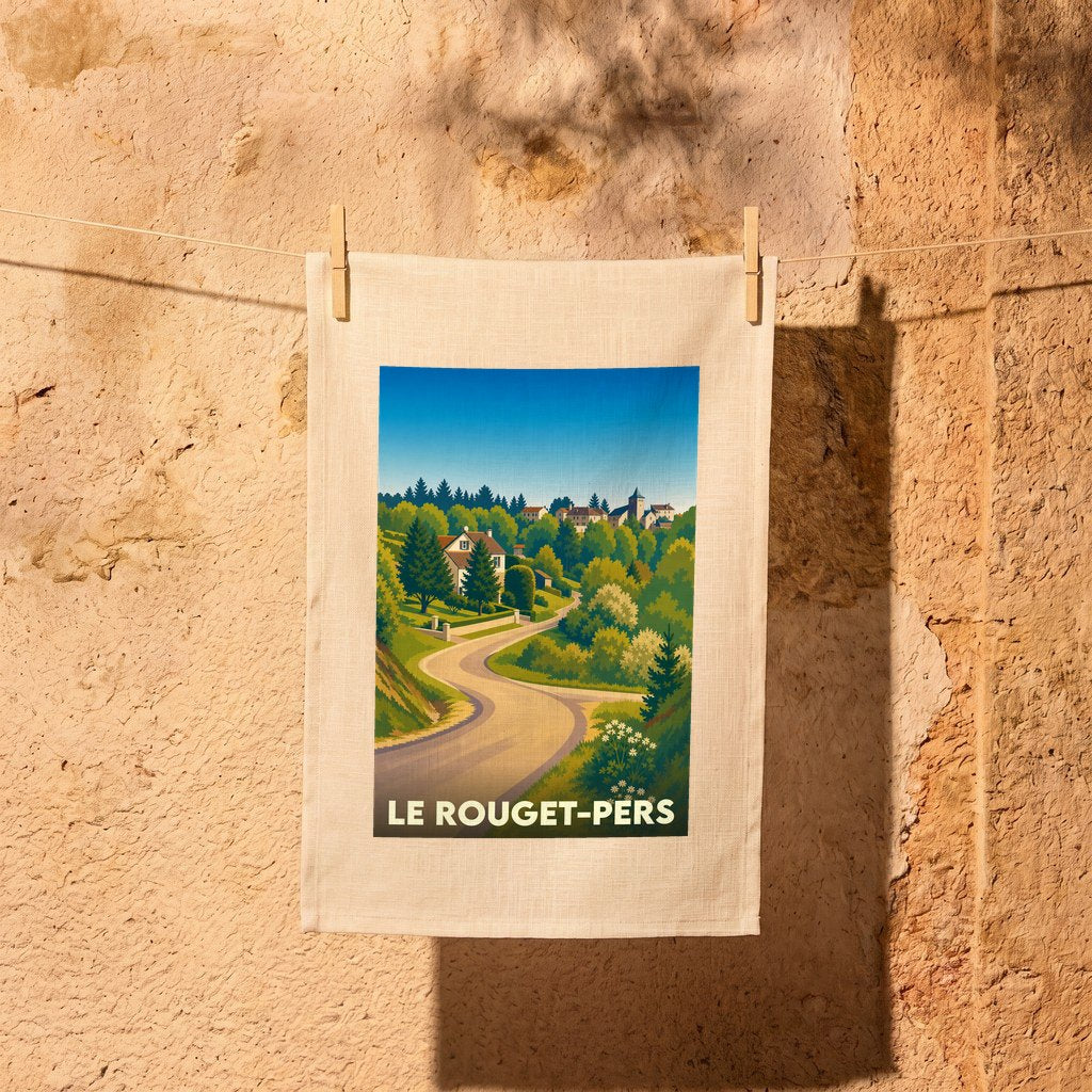 Torchon souvenir de la ville de Le Rouget-Pers avec une illustration stylisée de son paysage vallonné.
