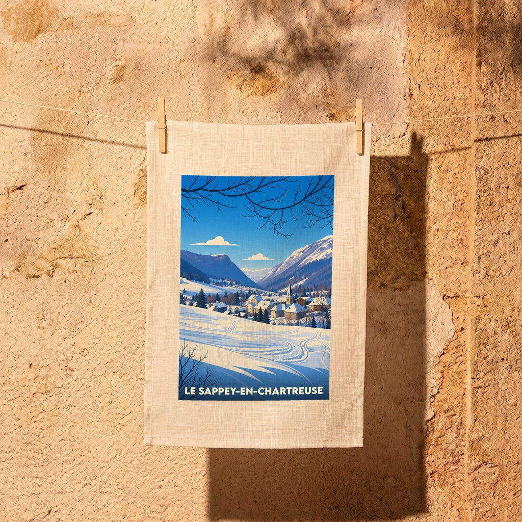 Torchon souvenir de la ville de Le Sappey-en-Chartreuse avec une illustration de paysage de montagne enneigé.