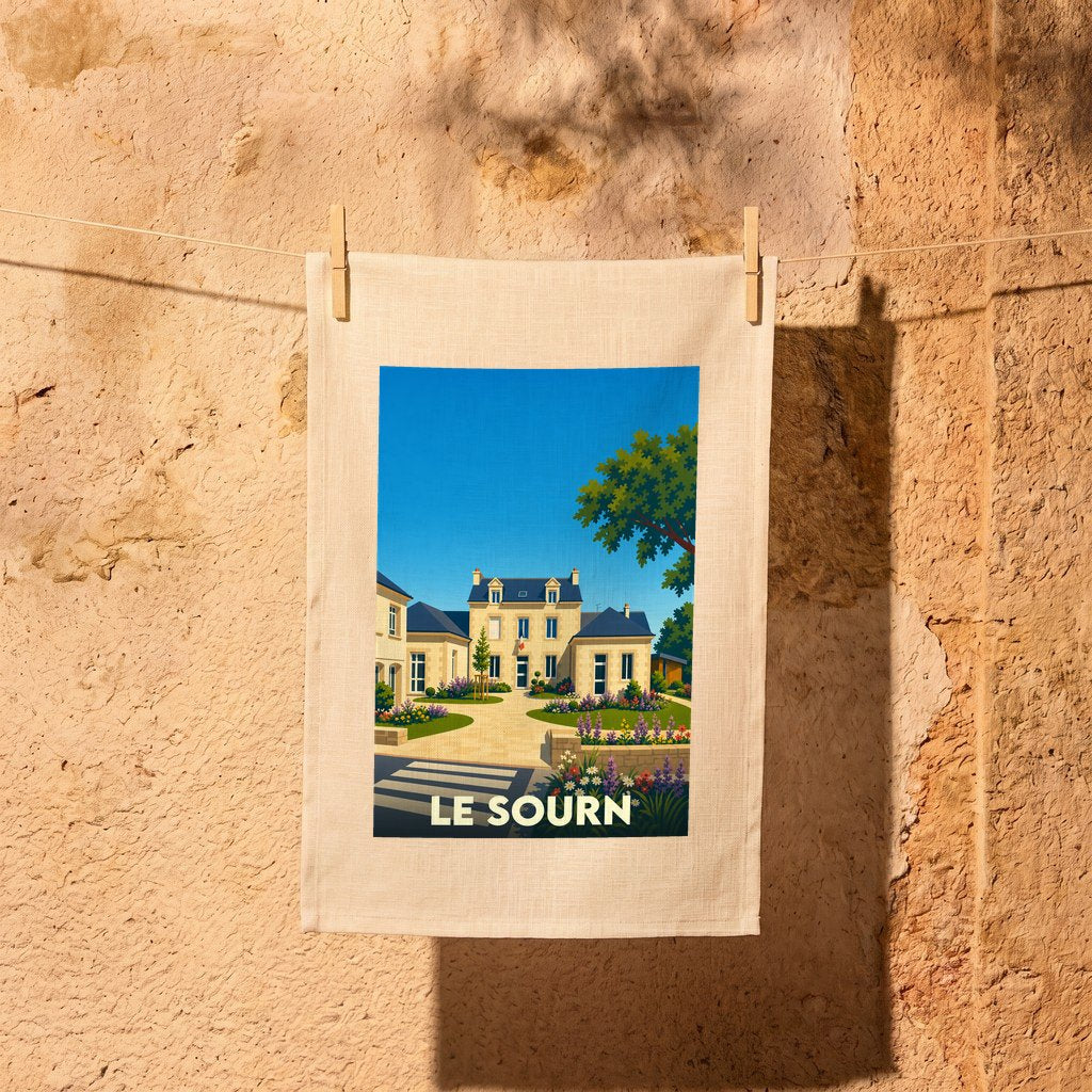 Torchon souvenir de la ville de Le Sourn avec une illustration colorée et stylisée de sa mairie.