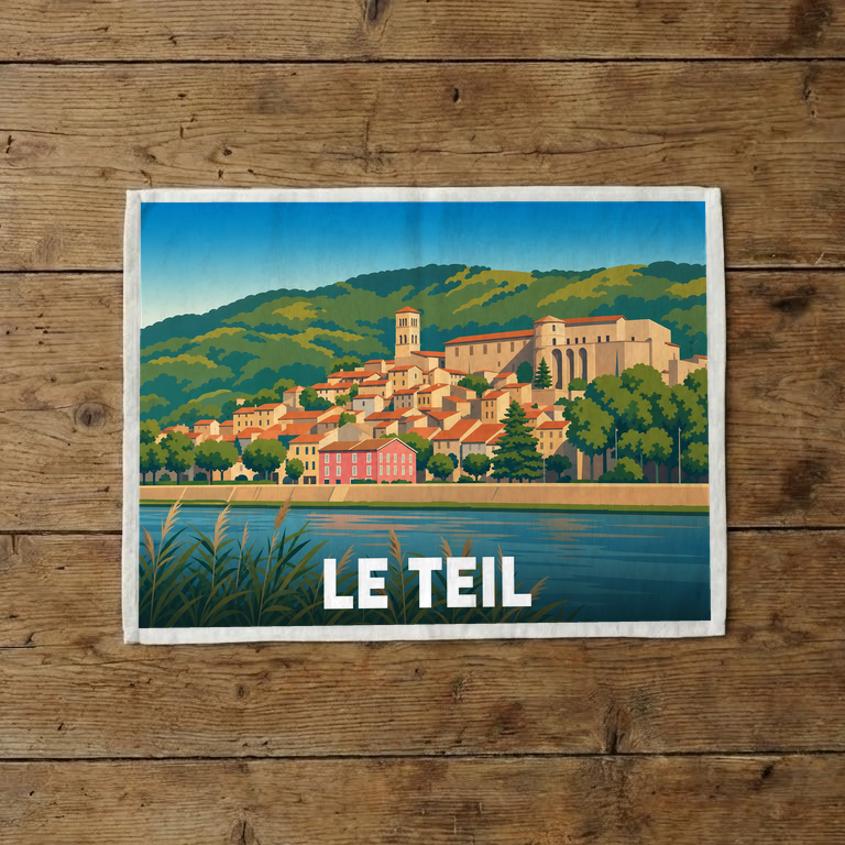 Torchon souvenir de la ville de Le Teil avec une illustration stylisée.