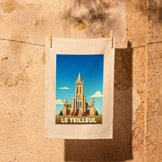 Torchon souvenir de la ville de Le Teilleul avec une illustration stylisée de son église.