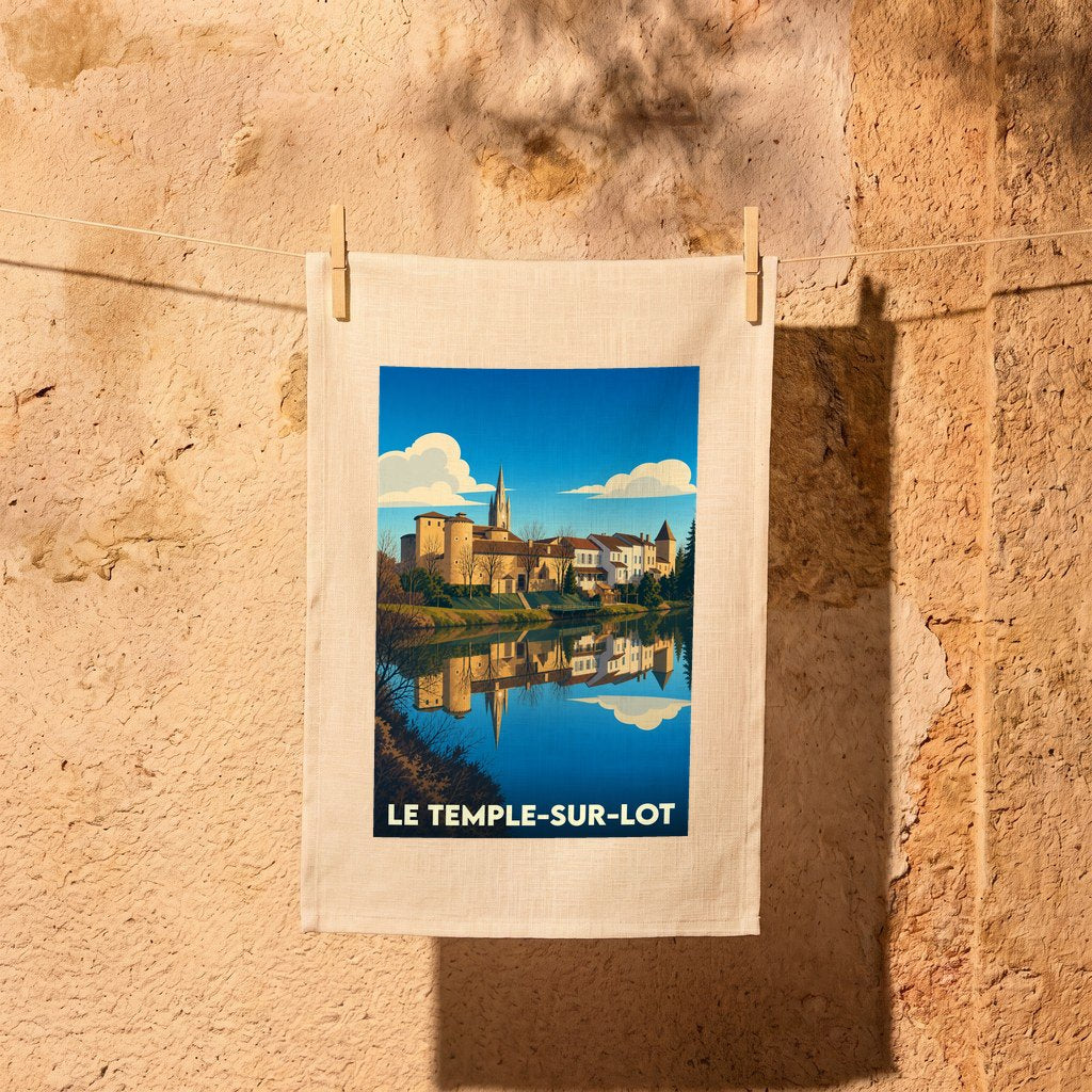Torchon souvenir de la ville de Le Temple-sur-Lot avec une illustration stylisée d'un paysage fluvial.