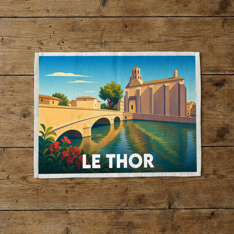 Torchon souvenir de la ville de Le Thor illustrant son pont et son église dans un style vintage.