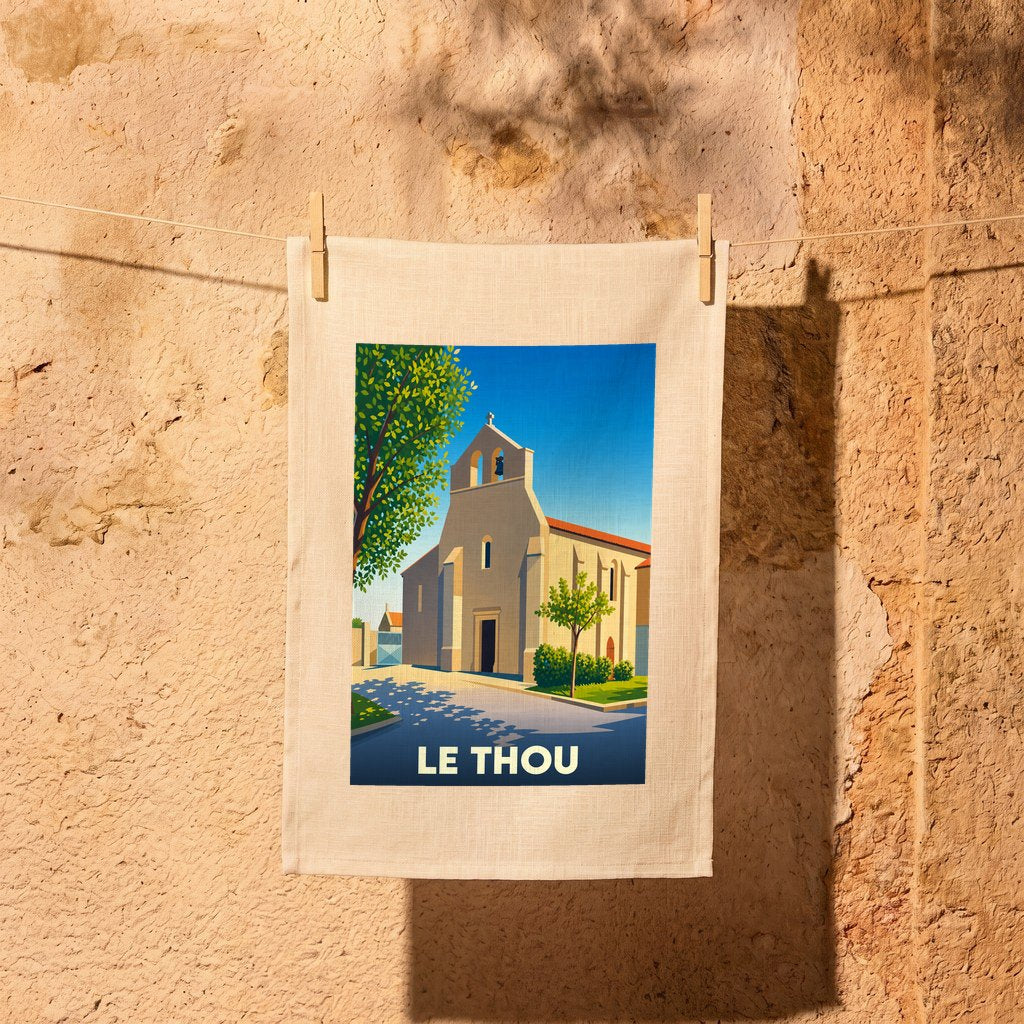 Torchon souvenir de la ville de Le Thou avec une illustration stylisée de son église.