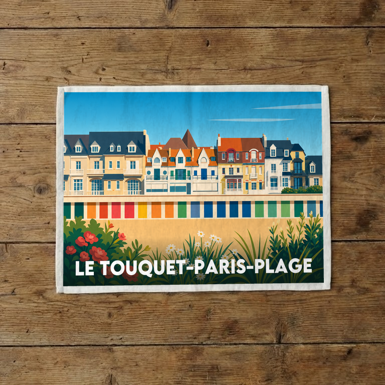 Torchon souvenir de la ville de Le Touquet-Paris-Plage avec une illustration stylisée de son front de mer et de ses cabines colorées.