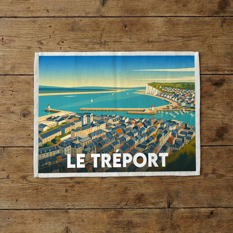 Torchon souvenir de la ville du Tréport avec une illustration stylisée de son port et de ses falaises.