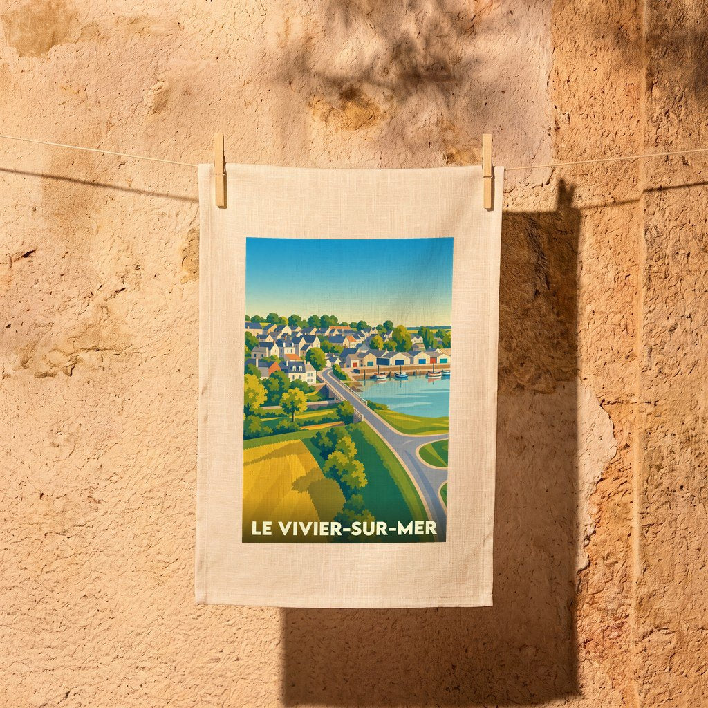 Torchon souvenir de la ville de Le Vivier-sur-Mer avec une illustration stylisée du port et du littoral.