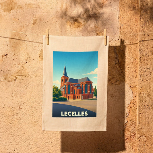 Torchon souvenir de la ville de Lecelles illustré par un dessin stylisé de son église.