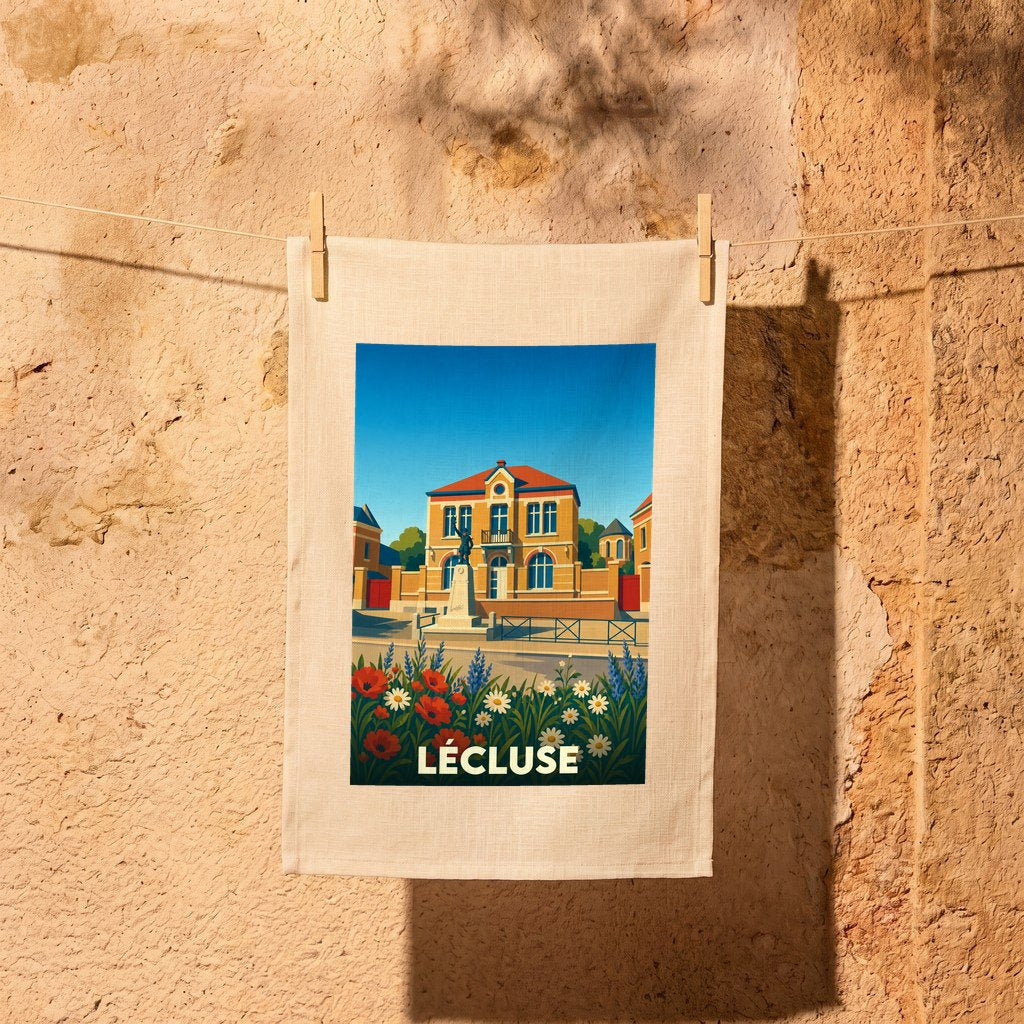 Torchon souvenir de la ville de Lécluse avec une illustration stylisée d'un monument historique et de fleurs.