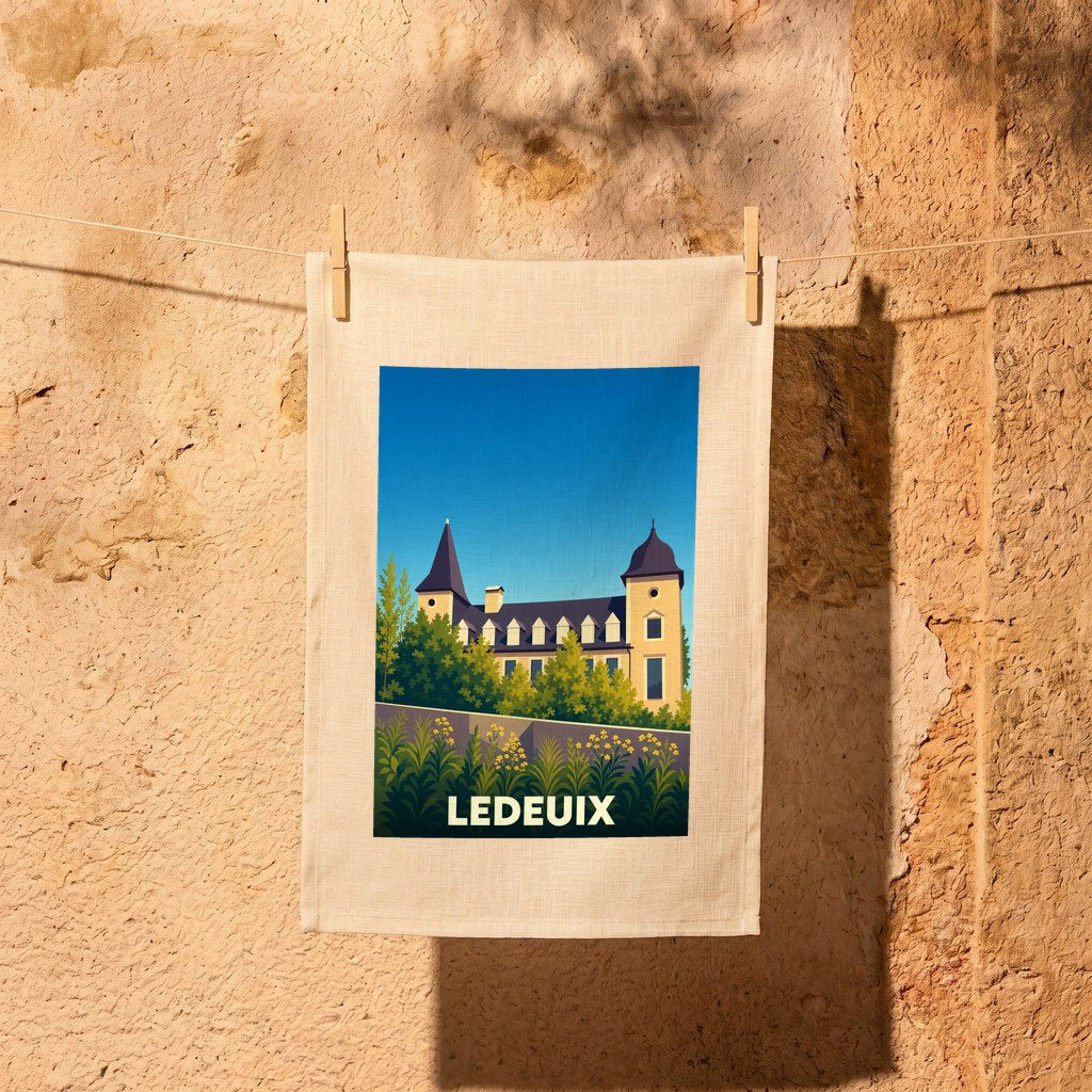 Torchon souvenir de la ville de Ledeuix avec une illustration stylisée d'un château.