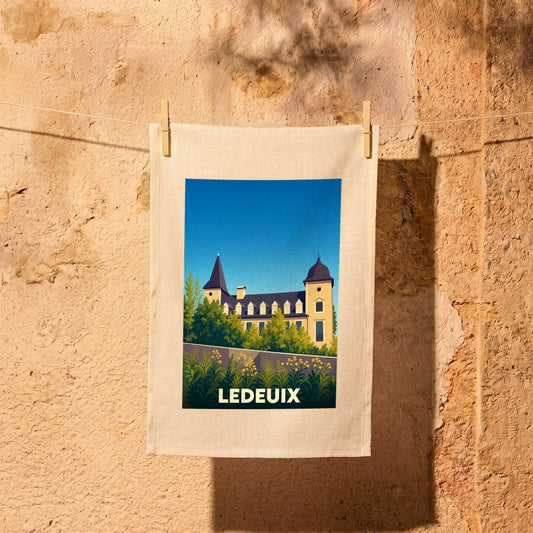 Torchon souvenir de la ville de Ledeuix avec une illustration stylisée d'un château.