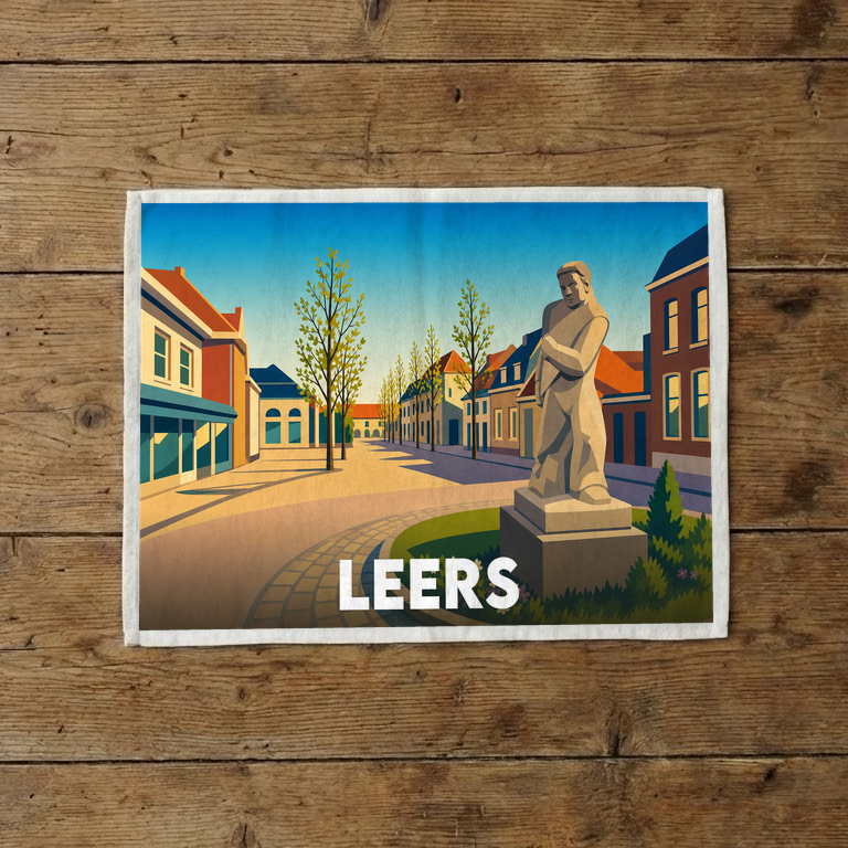 Torchon souvenir de la ville de Leers avec une illustration stylisée d'une place et d'une statue.