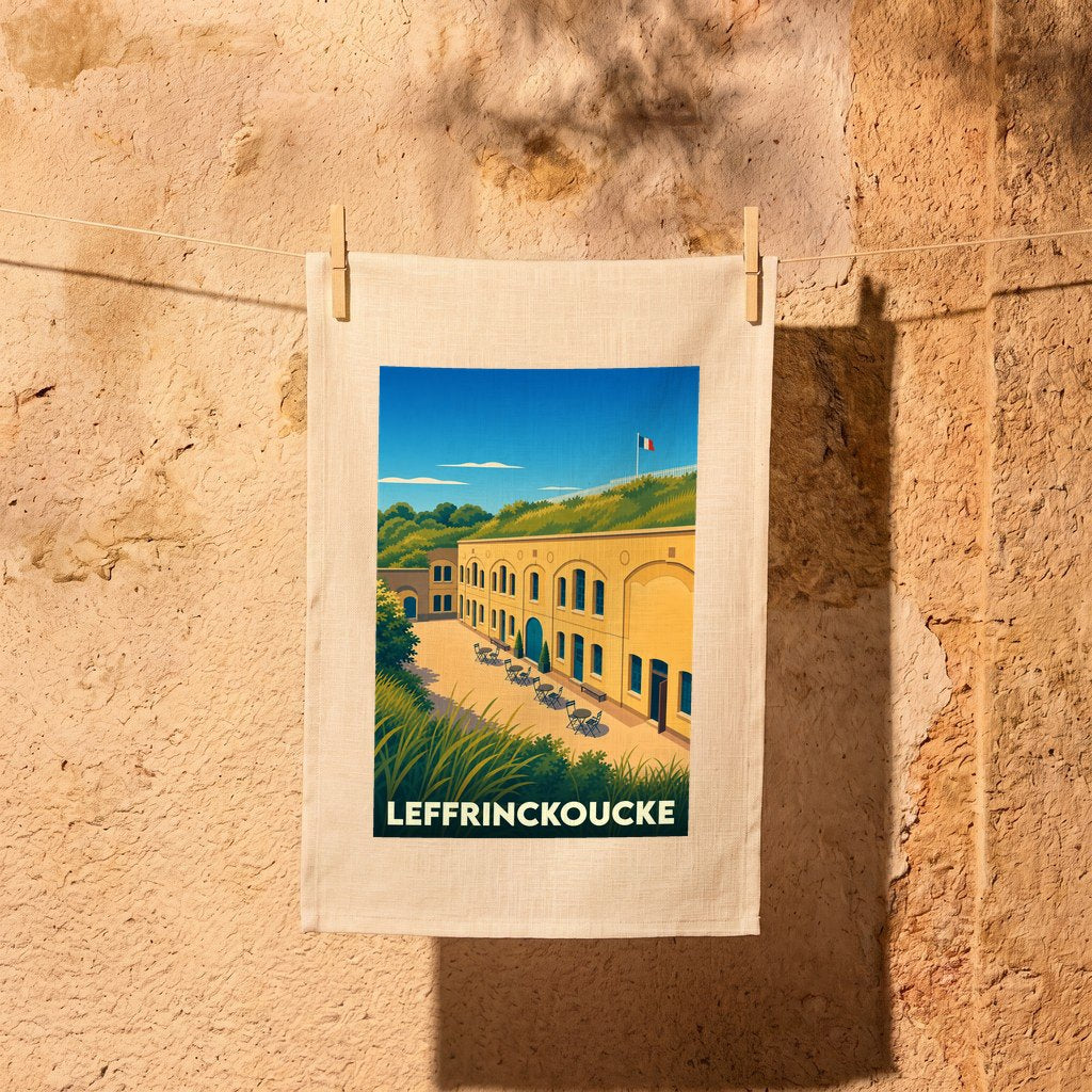 Torchon souvenir de la ville de Leffrinckoucke avec une illustration stylisée d'un fort historique.